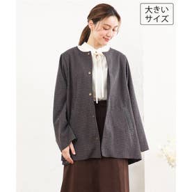 【大きいサイズ】チェック柄ノーカラージャケット （ダークブラウン）