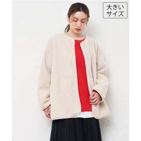 【大きいサイズ/リバーシブル】ノーカラーフェイクムートンコート （グレージュ）