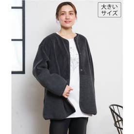 【大きいサイズ/リバーシブル】ノーカラーフェイクムートンコート （ダークグレー）