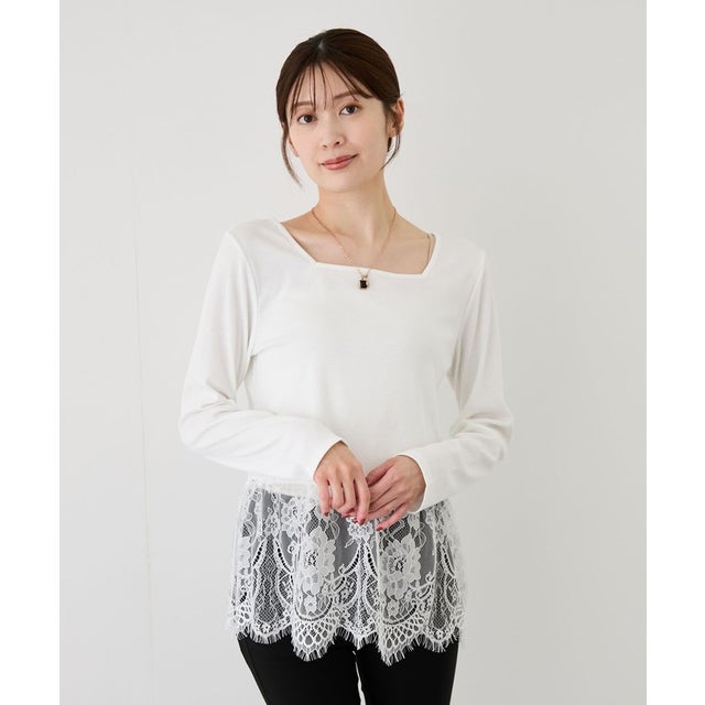 前後2WAYレースヘム長袖Tシャツ （ホワイト）