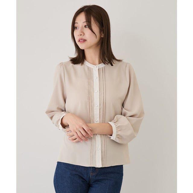 配色ノーカラーブラウス （ベージュ）