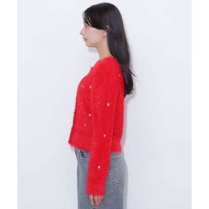 ハート刺繍フェザーカーディガン （レッド）｜詳細画像