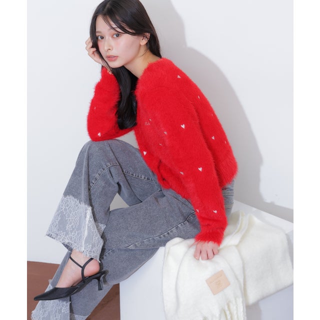 ハート刺繍フェザーカーディガン （レッド）