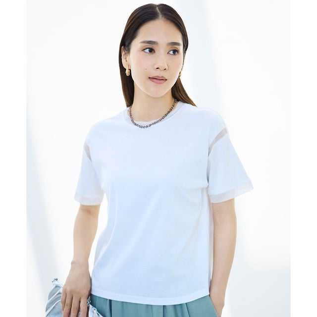ナチュラルコットンハイゲージシアーアクセント Tシャツ （オフ）