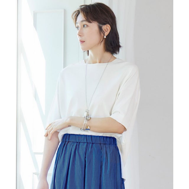 【SHIHOさん着用・WEB限定カラーあり・接触冷感・UVカット】クレープストレッチプルオーバー ニット （オフホワイト）