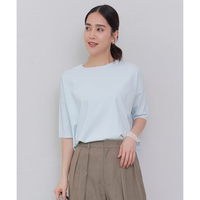 【SHIHOさん着用・WEB限定カラーあり・接触冷感・UVカット】クレープストレッチプルオーバー ニット （サックス）