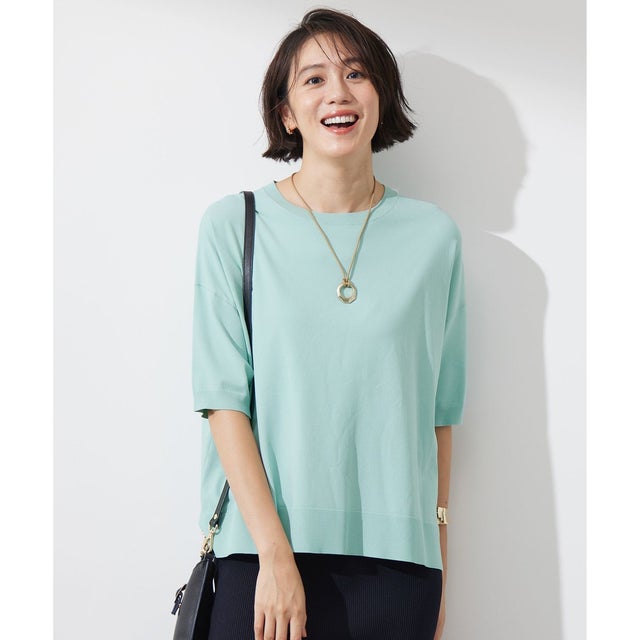 【SHIHOさん着用・WEB限定カラーあり・接触冷感・UVカット】クレープストレッチプルオーバー ニット （[新色]アクア）