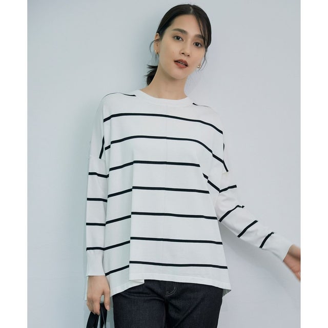 【カタログ掲載・WEB限定カラーあり・洗える】レーヨンストレッチ ニットT （[WEB限定]オフ×ブラック(ボーダー)）