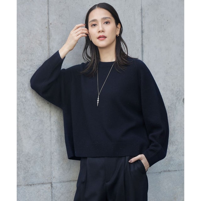 【カタログ掲載・洗える】ウールカシミヤブレンドラメスパンコールクルーネック ニット （ネイビー×ブラック）