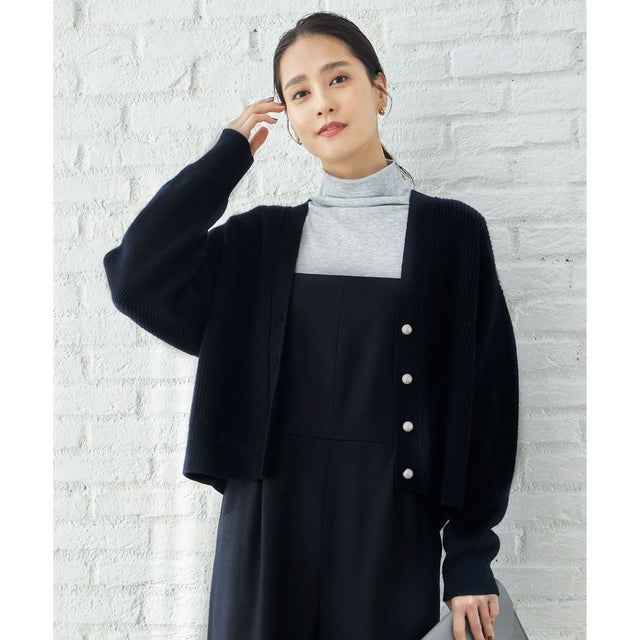 【カタログ掲載・洗える】ウールカシミヤブレンドラメスパンコールニット カーディガン （ネイビー×ブラック）