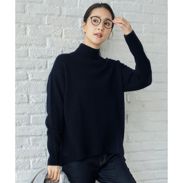 【カタログ掲載・洗える】ウールカシミヤブレンドラメスパンコールハイネック ニット （ネイビー×ブラック）