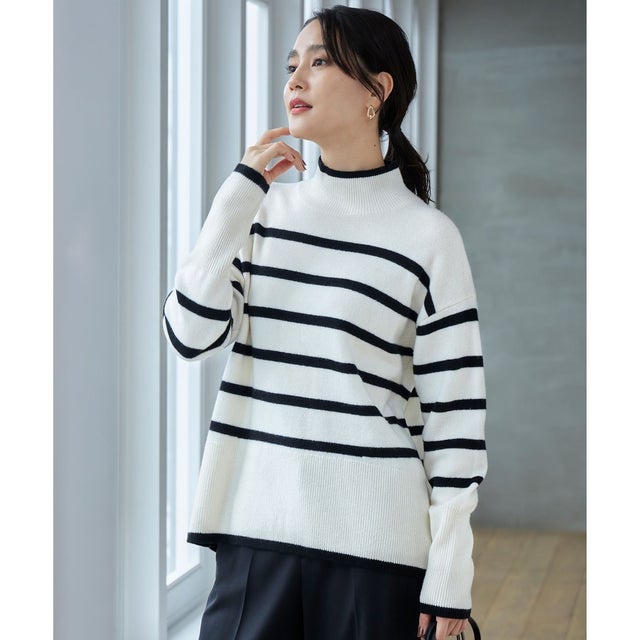 【カタログ掲載・WEB限定カラーあり・洗える】ウールカシミヤブレンドハイネック ニット （オフ×ブラックボーダー）