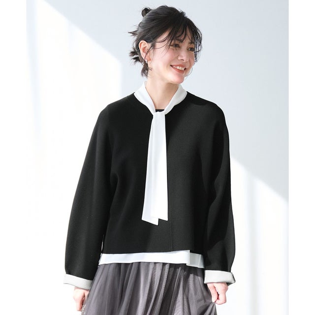 【セットアップ対応・洗える】レーヨンストレッチプルオーバー ニット （ブラック）