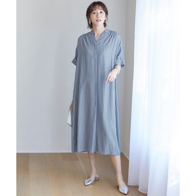 【カタログ掲載・接触冷感・UVケア・抗菌防臭・洗える】リヨセルポプリンシャツ ワンピース （ブルーストライプ）