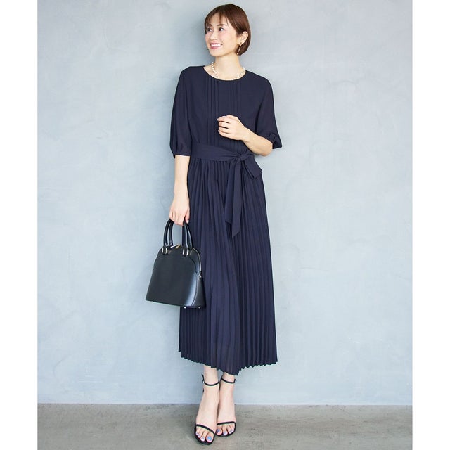 【洗える】シフォンプリーツ ワンピース （ネイビー）
