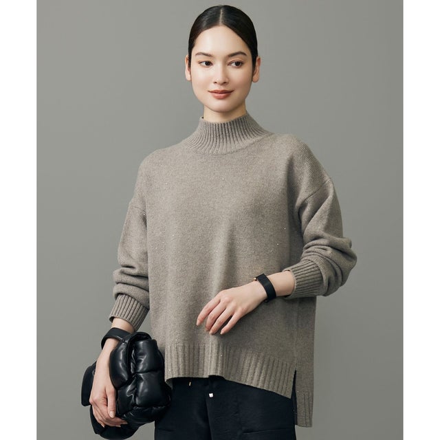 【洗える】ウールカシミヤブレンドスパンコールハイネック ニット （モカ）