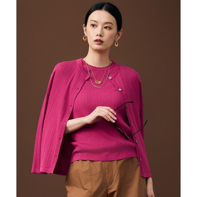 【アンサンブル対応】ハイツイストコットンアセテートリブ カーディガン （マゼンタ）