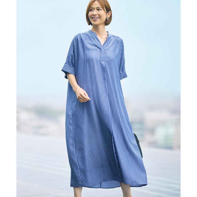 【定番人気・新色追加・1枚でサマになる】リヨセルポプリンシャツ ワンピース （［新色］ネイビー×オフストライプ）