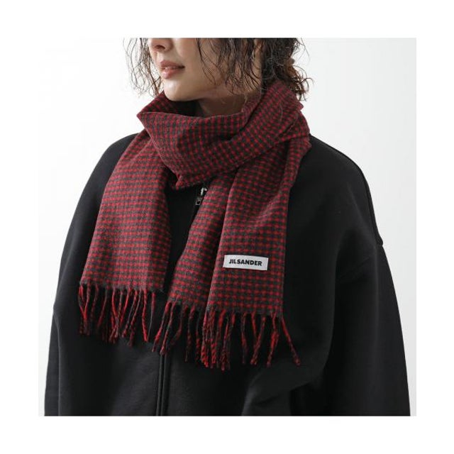 JIL SANDER マフラー J02TE0115 J40377 ウール ロゴ チェック柄 （648/EMBER/レッド）