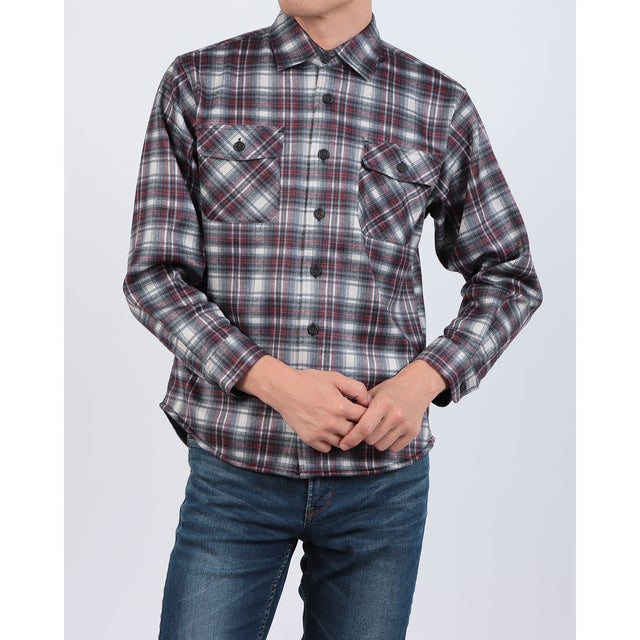 RAGGED MOUNTAIN MASON 裏地 フリース ボンディング チェック カットシャツ メンズ ユニセックス 保温 防寒 ルーズシルエット  ライトアウター タウンユース アウトドア （レッド）