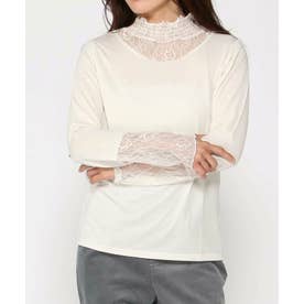 C-FORT POINT レース 切替 ハイネック ロンT 長袖 シャーリングギャザー レディース 重ね着 レイヤード 春 夏 秋 冬 上品 （アイボリー）