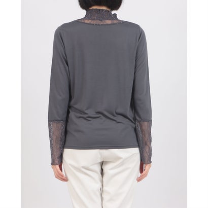 C-FORT POINT レース 切替 ハイネック ロンT 長袖 シャーリングギャザー レディース 重ね着 レイヤード 春 夏 秋 冬 上品 （チャコールグレー）｜詳細画像
