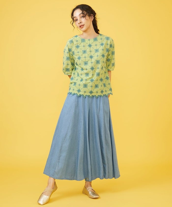 ホコモモラ Jocomomola Petalo 総刺繍五分袖ブラウス （グリーン 