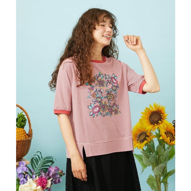 【接触冷感】Verano en La Mancha TeeフラワープリントボーダーTシャツ （レッド×アイボリー）