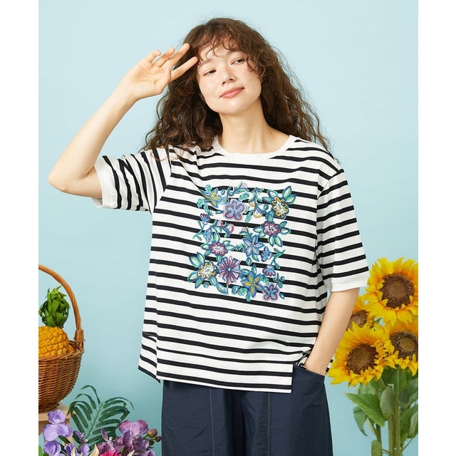 【接触冷感】Verano en La Mancha TeeフラワープリントボーダーTシャツ （ブラック×アイボリー）