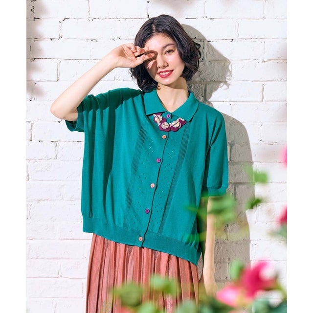 【接触冷感】Fresco Knit アイレットショートカーディガン （ブルーグリーン）