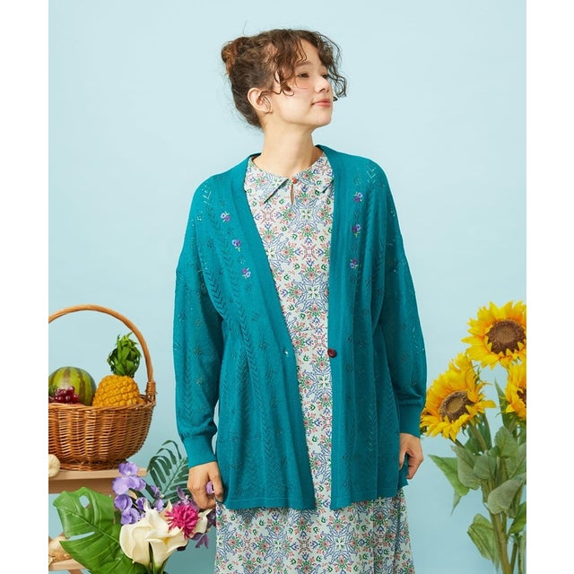 【接触冷感】Fresco Knit フラワー刺繍ロングカーディガン （ブルーグリーン）