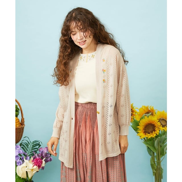 【接触冷感】Fresco Knit フラワー刺繍ロングカーディガン （ベージュ）