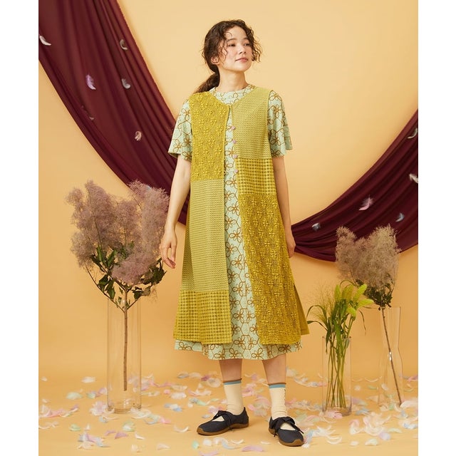 Parche レースパッチワークロングジレ （イエロー）
