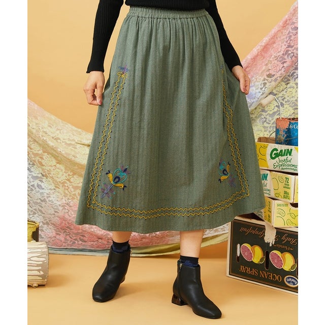 フラワー刺繍ヘリンボーンギャザースカート （グリーン）