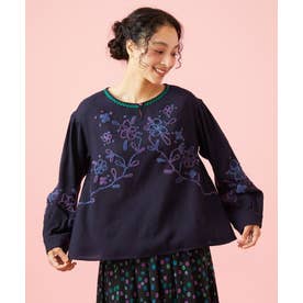 インドウール フラワー刺繍ツイルブラウス （ネイビー）