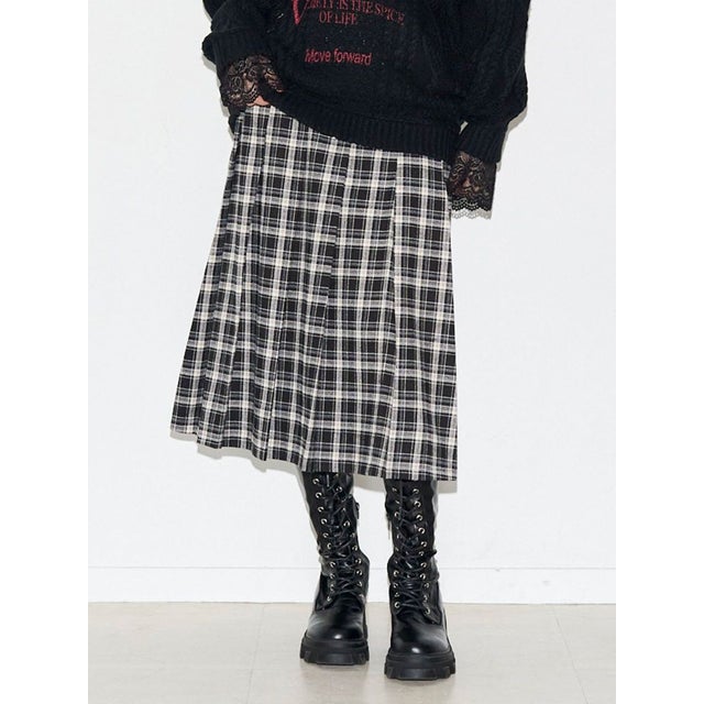 ベルトチェックプリーツロングスカート （ブラック）