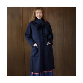 【モデル美香着用】リバー仕立てマフラー付きロングコート （ダークブルー）