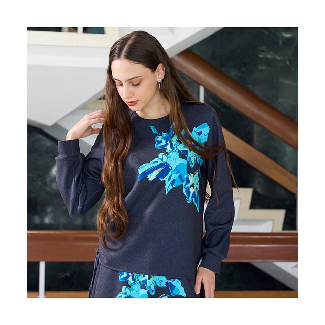 【M～4L/セットアップ対応】ウォッシャブルフラワープリントTシャツ （ブラック）