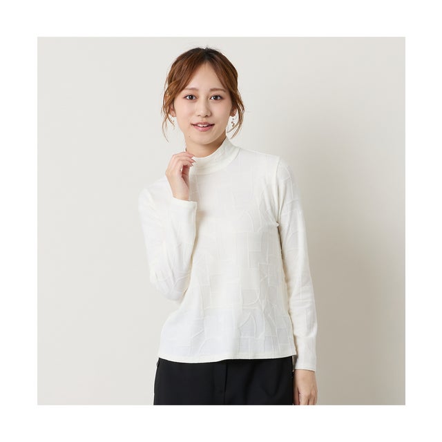 【洗える】起毛ジャカードハイネックTシャツ （オフ）