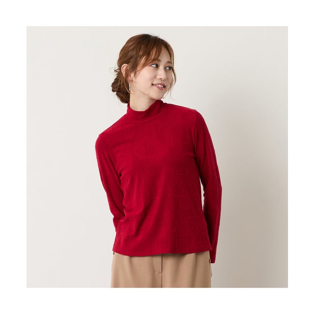 【洗える】起毛ジャカードハイネックTシャツ （レッド）