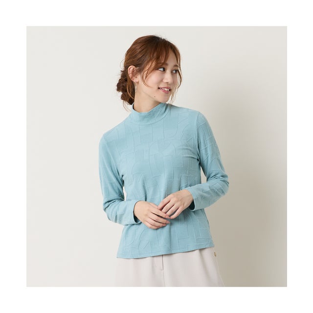 【洗える】起毛ジャカードハイネックTシャツ （ライトブルー）