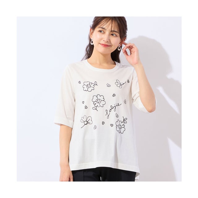 【洗える・綿100%】花刺繍AラインTシャツ （ホワイト）