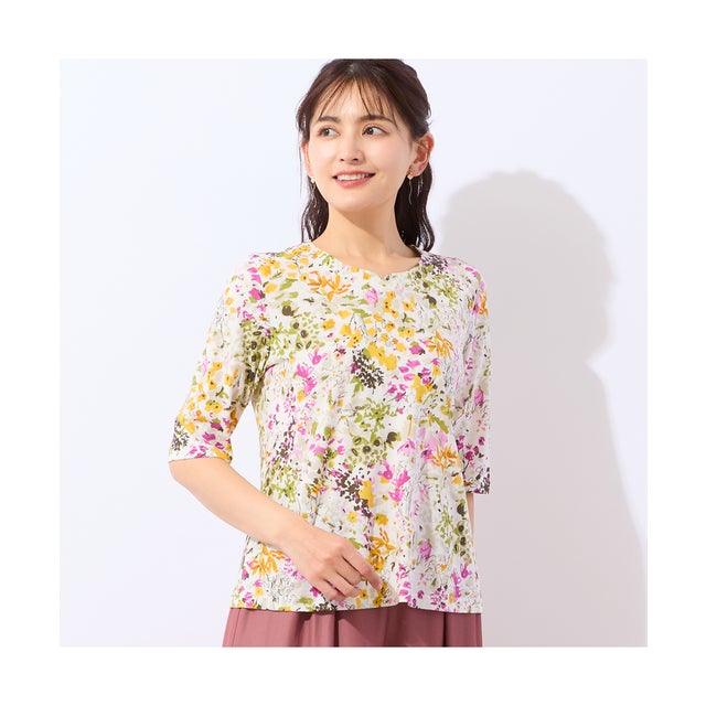 【洗える・日本製・綿100%】ミニフラワーTシャツ （ピンク）