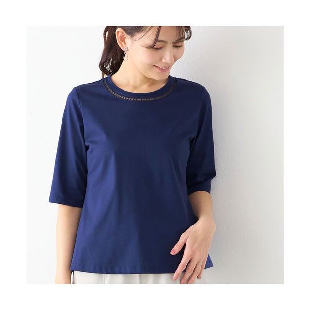 【洗える・綿100%・日本製】ハシゴ刺繍コットンTシャツ （ダークブルー）