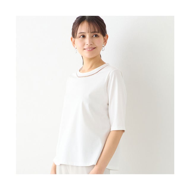 【洗える・綿100%・日本製】ハシゴ刺繍コットンTシャツ （ホワイト）