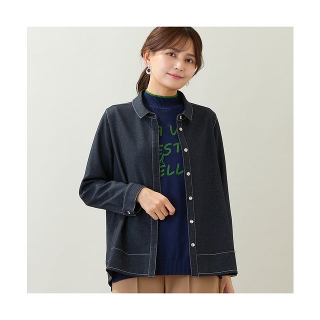 【洗える】デニムライクストレッチシャツ （ダークブルー）