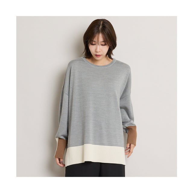 トリカラー配色BOXシルエットニットプルオーバー （グレー）