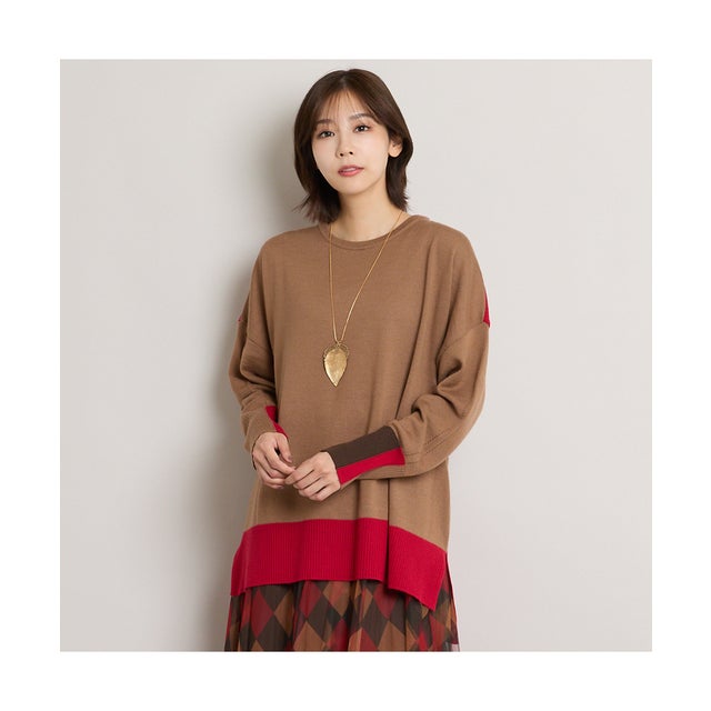 トリカラー配色BOXシルエットニットプルオーバー （ブラウン）