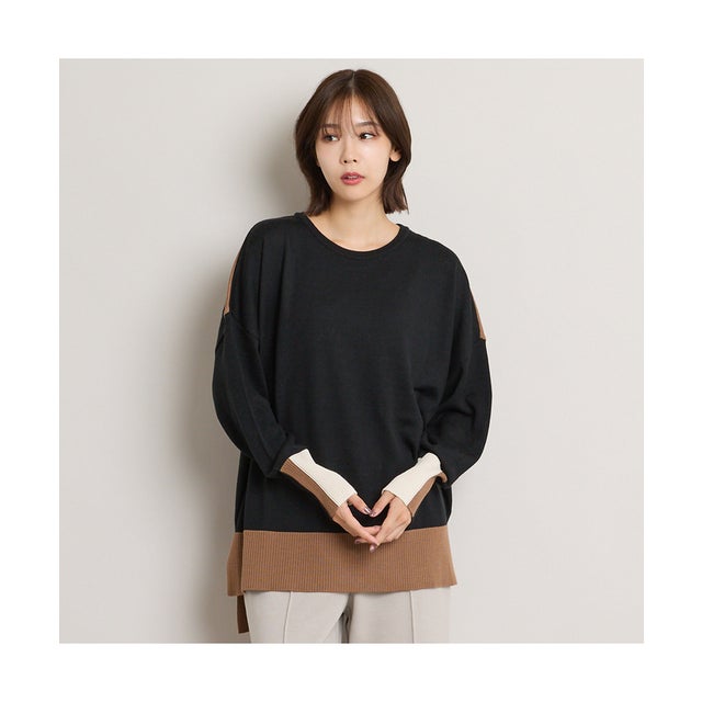 トリカラー配色BOXシルエットニットプルオーバー （ブラック）