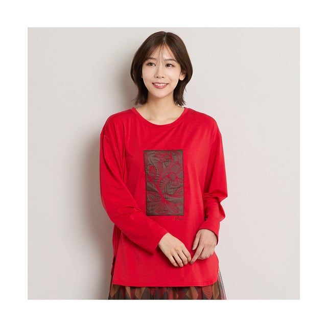 【手洗いOK・接触冷感・紫外線防止】アップリケ＆刺繍カットソー （レッド）